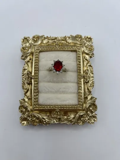 Discover Vintage 14KT GE Red Solitaire Ring w/ Clear Accents Size 6 Gold Electroplate