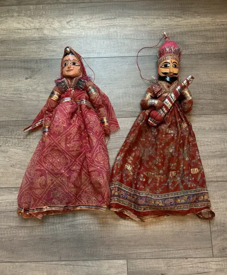 Discover Rajasthani Kathputli String Puppets Pair India Folk Art Marionette Dolls Decor