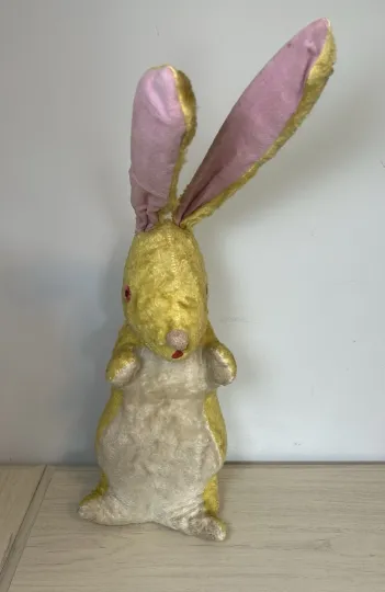 Discover 1960s VINTAGE YELLOW Pink BUNNY RABBIT 28” plush Stuffed Animal Scary Creepy