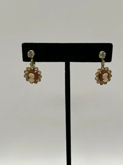 Discover Vintage Cameo Screwback Earrings Rhinestone Halo Gold Tone Victorian Style Gift