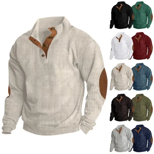 Discover Men's Corduroy Sweatshirt Fall Pullover Long Sleeve Stand Collar 1/4 Button