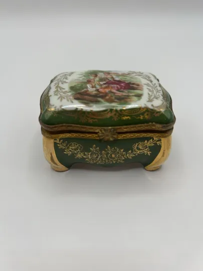 Discover Limoges Trinket Box France Porcelaine D’Art Green Gold Rococo Vintage Gift As Is