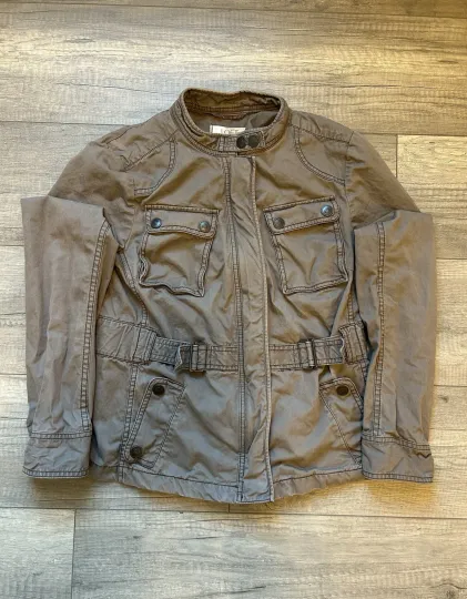 Discover Ann Taylor LOFT Jacket Size 6 Brown Military Style Full Zip Belted Snap Pockets