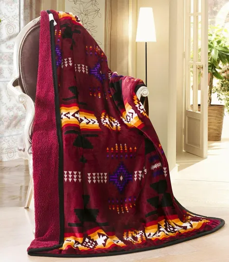 Discover Navajo Print Burgundy Throw Blanket with Sherpa Native American Southwest Design