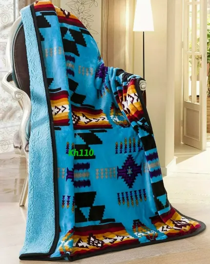 Discover Navajo Print Turquoise Throw Blanket with Sherpa Southwestern Native American Style