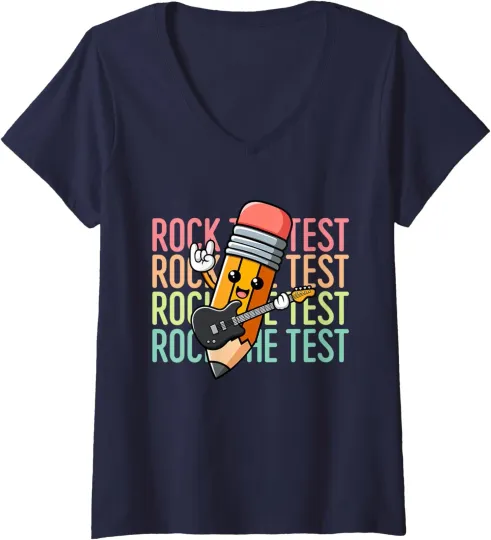 Discover Rock The Test Day Teacher Testing Motivational Funny Ladies' V-Neck Tshirt