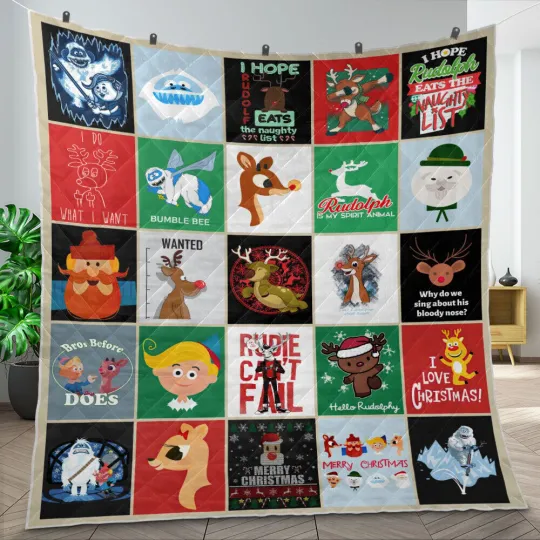 Rudolph The Rednosed Reindeer Quilt Blanket, Xmas TV Cartoon Movie Blanket