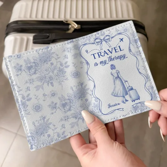 Discover Personalized Travel Is My Therapy Chinoiserie Leather Passport Cover Gift