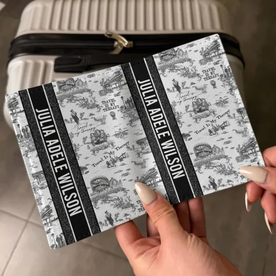 Discover Personalized Travel Is My Therapy Black White Leather Passport Cover Gift