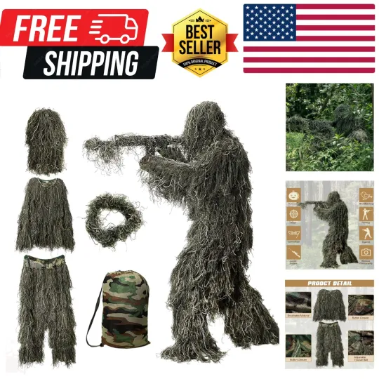Discover 5 in 1 Ghillie Suit, 3D Camouflage Hunting Apparel w/Jacket, Pants, Hood, Car...
