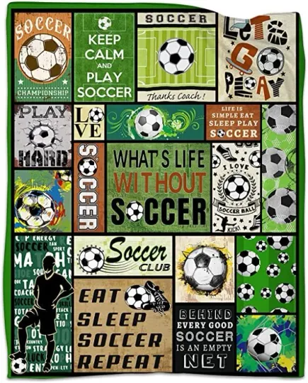 Discover Soccer Blanket, Let's Go Play Soccer Quilt, Fleece Sherpa, Birthday Soccer Gifts