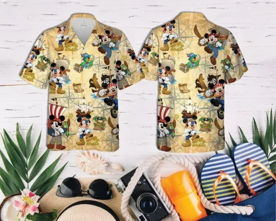 Discover Mickey Mouse Pirates Short Sleeve Button Hawaiian Shirt