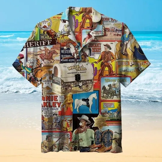 Discover Vintage Western Cowboy Collage Art Hawaiian Shirt Vintage Hawaiian Shirt