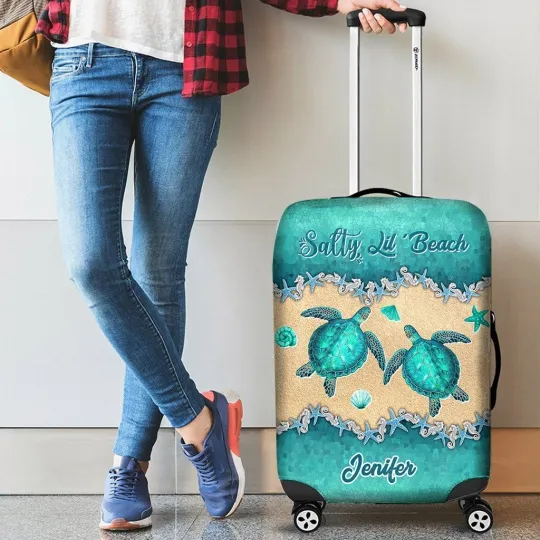 Personalized Turtle Travelling Luggage Cover, Sally Lil Beach, Travelers Gift