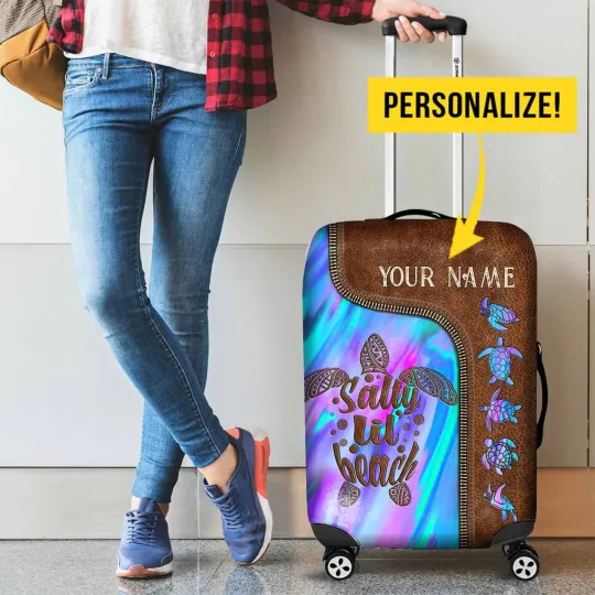 Personalized Turtle Travelling Luggage Cover, Sally Lil Beach, Travelers Gift
