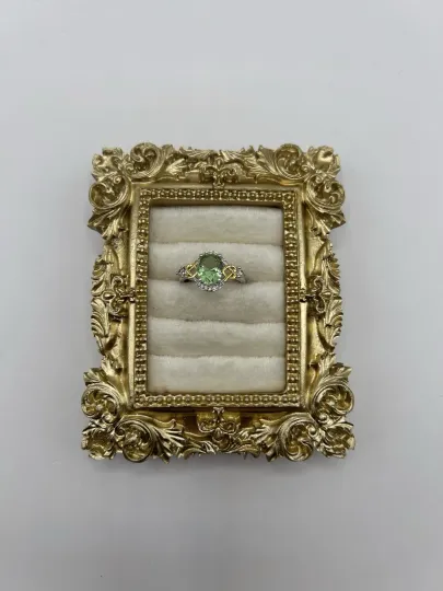 Discover Sterling Silver Ring S925 Green Oval Gemstone w/ Gold Accents & CZ Halo Sz 7