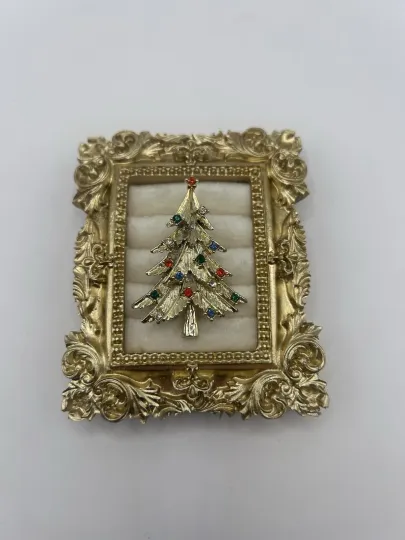 Discover VTG Christmas Tree Pin Brooch Mid-Century Mod Rhinestones Gold Tone Estate Gift