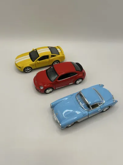 Discover Lot of 3 Diecast Cars Corvette VW Beetle Mustang Kinsmart Scale Blue Red Yellow