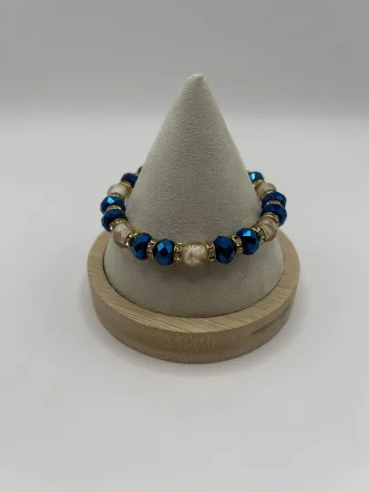 Discover Vintage Murano Glass Bead Bracelet Blue Faceted & Gold Foil Adjustable Italy