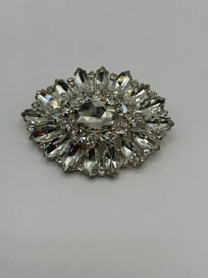 Discover Vintage Rhinestone Starburst Brooch Clear Crystal Oval Silver Tone Sparkly Glitz