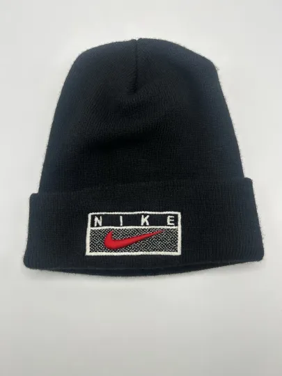 Discover Vintage Nike Beanie Hat Black Red Swoosh Logo Knit Winter Cuffed Cap
