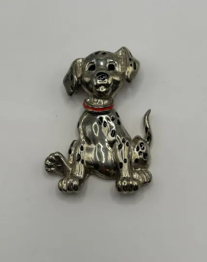 Discover Disney Pin Vintage 101 Dalmatian Dangling Silver Tone Brooch Rare Signed Dog