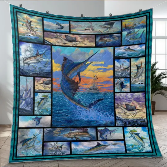 Discover Love Marlin Sailfish Quilt, Fishing Quilt Blanket Super Soft Comfy Warm Plush