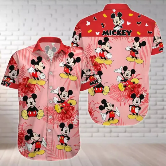 Discover Disney Happy Mickey Mouse Tropical Hibiscus Flowers Red & Pink Hawaiian Shirt