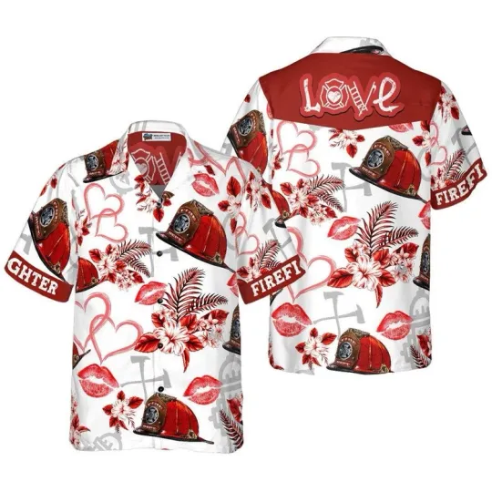 Discover Firefighter Hawaiian Shirt, Love Firefighter Helmet Valentine Aloha Shirt