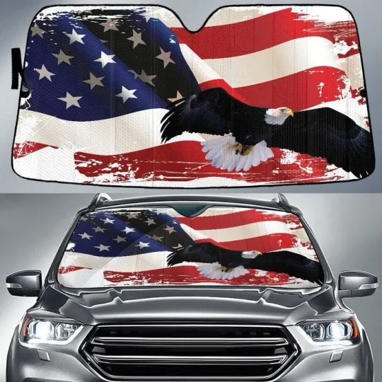 Bald Eagle Flying American Flag Car Sunshade, Car Windshield