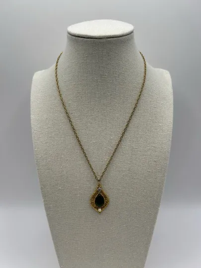Discover Vintage Green Jade Diamond Cultured Pearl Filigree Gold-tone Pendant Necklace