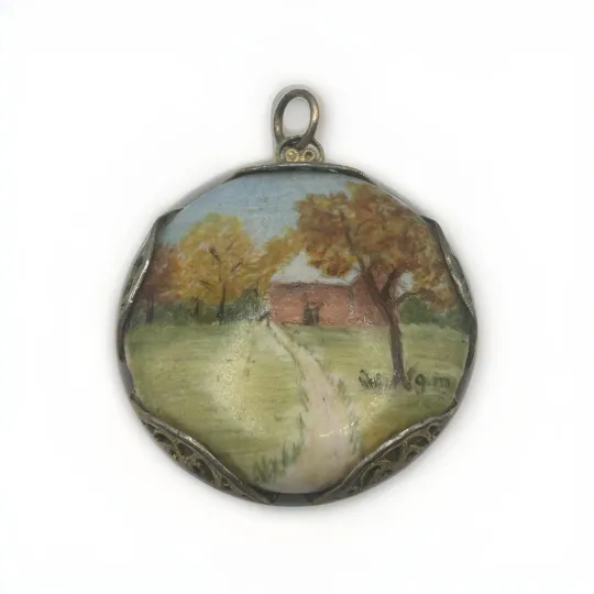 Discover Hand Painted Porcelain Landscape Pendant Vintage Filigree Setting Signed GM Art