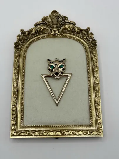 Discover Gold Tone Jaguar Panther Pendant Green Eyes Triangle Dangle Retro Style Animal