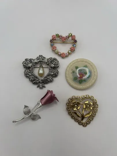 Discover Lot of 5 Avon Heart Floral Brooch Pins Vintage Mixed Metal Enamel Pearl Accents