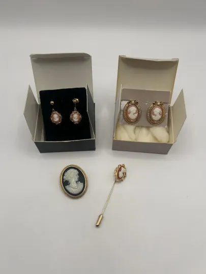 Discover Avon Cameo Lot Clip Earrings Brooch Pendant Hat Pin Romantic Portraits Jewelry