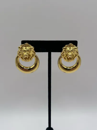 Discover Vintage Anne Klein Shiny Gold Tone Lion Door Knocker Clip On Earrings