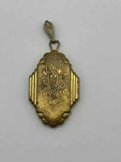 Discover Antique Locket Art Deco Hammered Design Basket Flowers Gold Tone Large Pendant