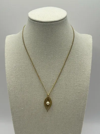 Discover Sarah Coventry Necklace Goldtone Leaf Center Pearl Filigree Classic Christmas