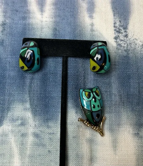 Discover Vintage Owl Eisenberg Blue Green Enamel  Abstract Brooch & Clip On Earrings Set