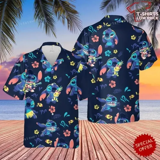Discover Stitch Hawaiian Button Down Shirt Unisex Adults S-5XL