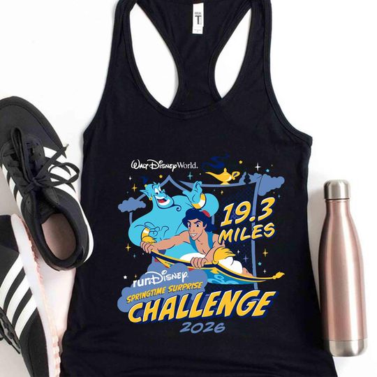 Discover runDisney Springtime Surprise Weekend 2026 Tanktop, Aladdin and Genie 19.3 Miles Shirt, Walt Disney World Aladdin Runner 10K Half Marathon