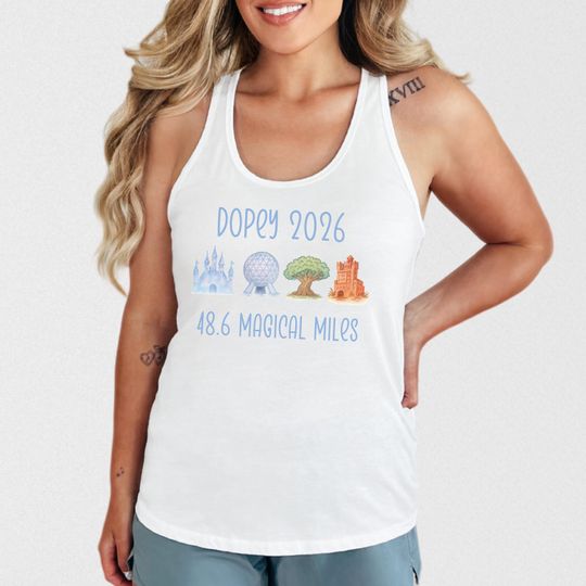 Discover Dopey 2026 Race Tanktop, Park hopping, Marathon Weekend, Cotton blend racerback design, 48.6 miles