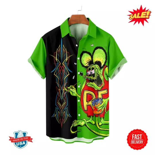 Discover Rat Fink Hawaiian Shirt - Crazy Cartoon Rat, Classic 60s Dragster Racing Theme