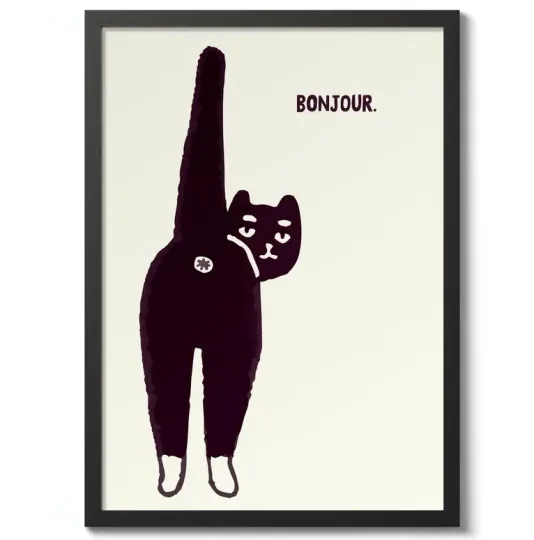 Discover Bonjour Typography Print, Cat Animal Wall Poster, Vertical Matte Poster
