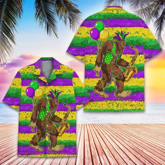 Discover Mardi Gras Bigfoot Hawaiian Shirt Button Down