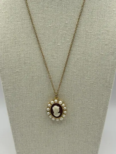 Discover Vintage Gold Tone Cameo Necklace Faux Pearl Halo Victorian Style Pendant