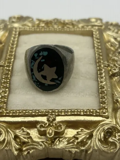 Discover Vintage Moon Star Inlay Statement Ring Size 11 Silver Tone Southwestern Style