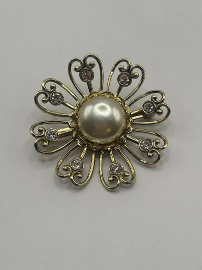Discover Vintage Flower Brooch Faux Pearl Pin Rhinestone Gold Tone Vintage Jewelry Retro
