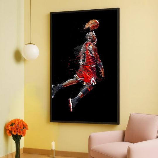 Michael Jordan Dunk Canvas Wall Art, Basketball Sports Illustration, Chicago Bulls Player Poster, Athletic Action Wall Decor