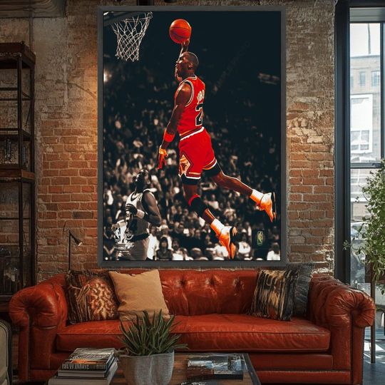 Michael Jordan Dunking Canvas Wall Art - Basketball Sports Poster, NBA Legend, Action Athletic Print for Home & Gym